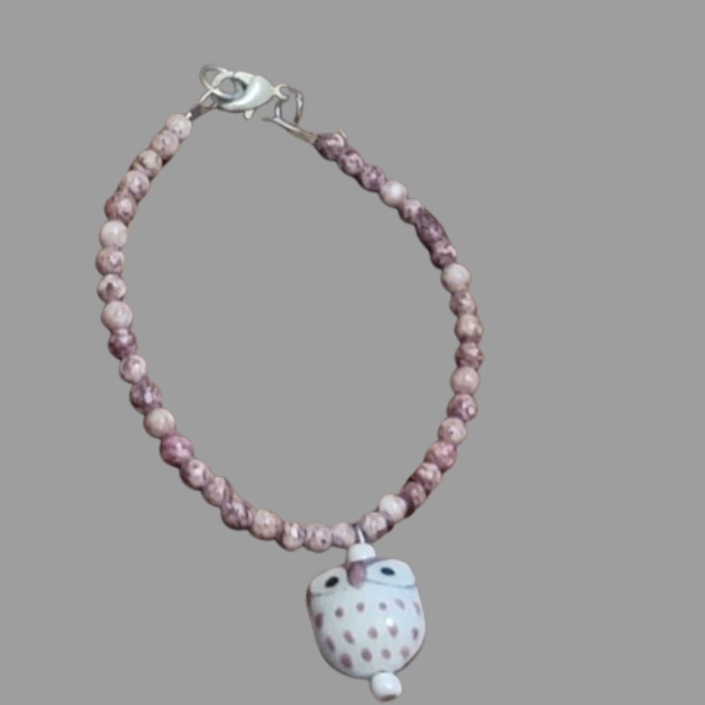 Owl bracelet white pink beads ceramic owl